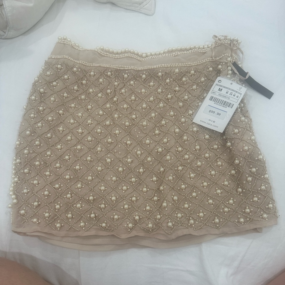 Zara Beige Pearl Embellished Mini Skirt